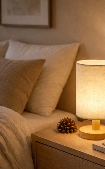  lampe de chevet en bois blond et tissu écru au style scandinave
