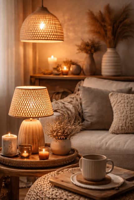 Lampe décorative en bois diffusant une lumière chaude dans un salon à l’ambiance naturelle