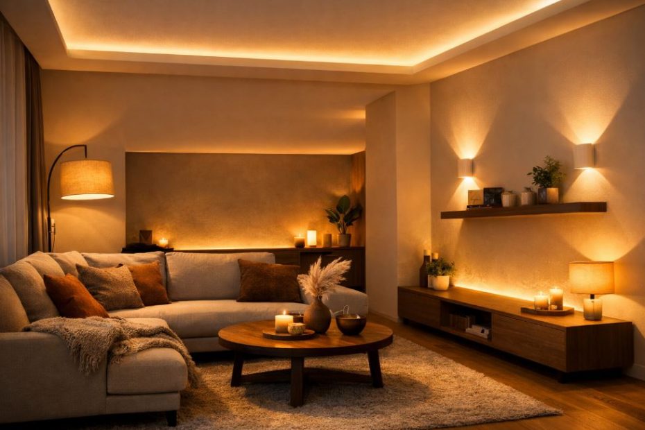 Lumière indirecte dans le salon créer une ambiance chaleureuse et équilibrée