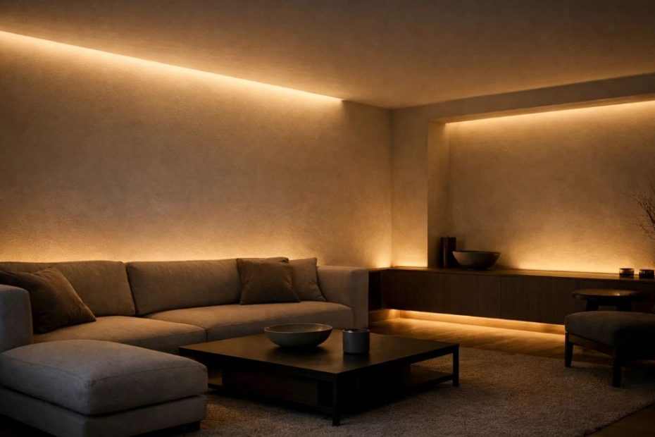 Lumière indirecte salon sombre