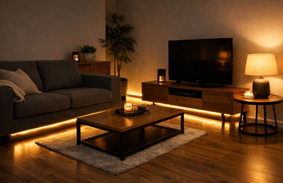 Placement lumière indirecte salon photo meuble illuminé par en dessou